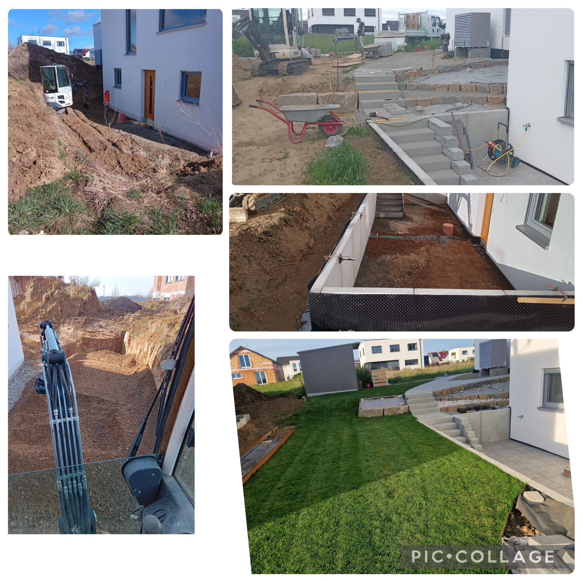 Bildfolge mit Bagger, Erdarbeiten und fertig eingesätem Garten